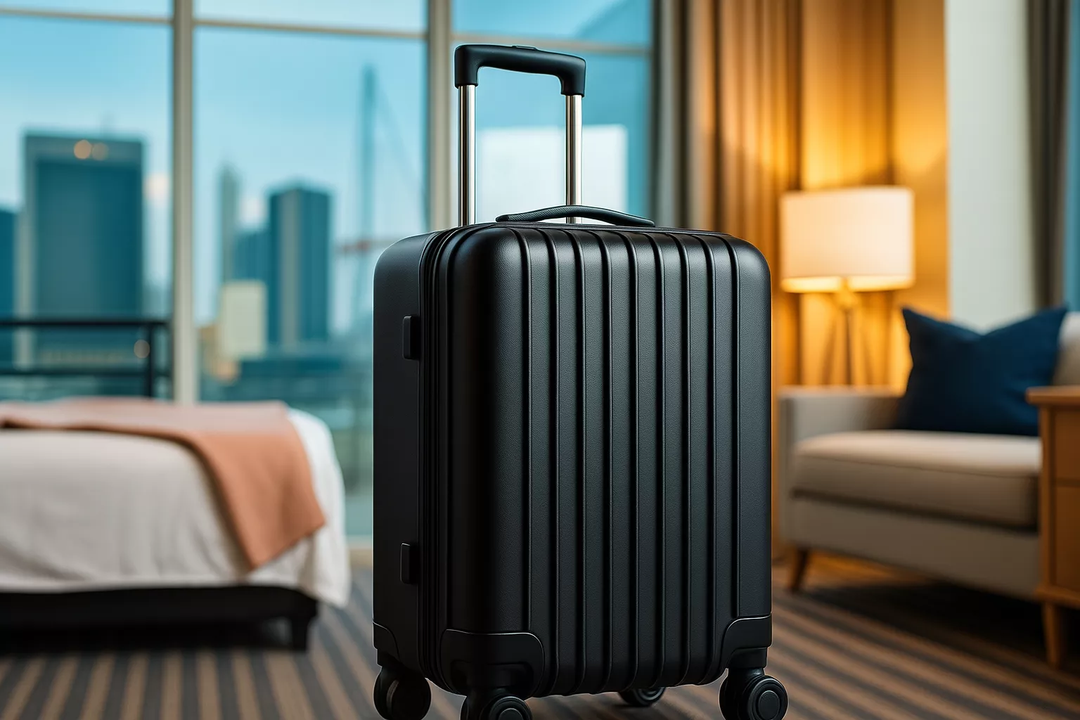 Travel-ready 24-inch suitcase packed for a week-long Europe trip modern hotel backdrop